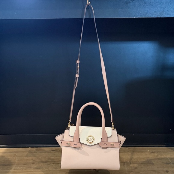 Michael Kors Carmen Medium Color-Block Saffiano Leather Blush Belted Satchel - Picture 4 of 12